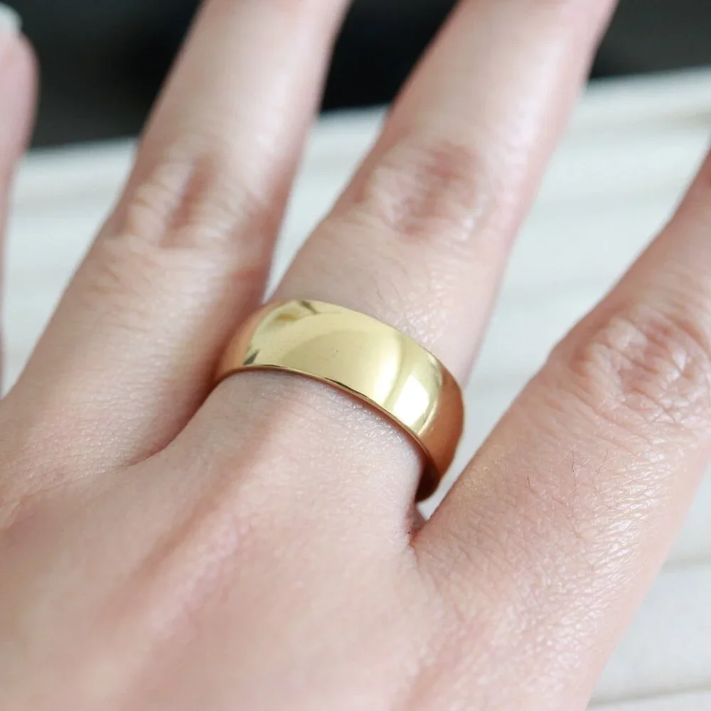 GD6 8mm Men/Women Round Edge 18K Gold Plated Wedding Band Ring Stainless Steel